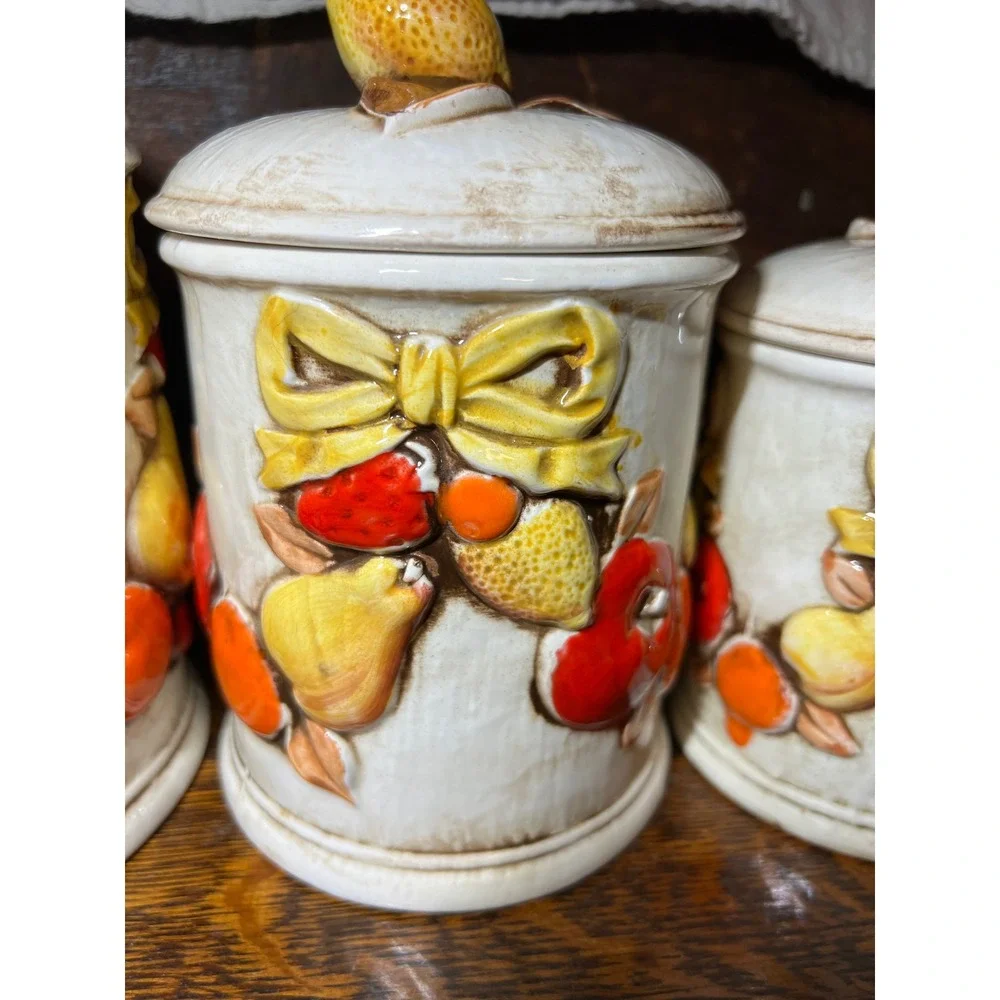VTG Napcoware Japan 4 Piece Ceramic Fruit Canister Set Cream Grannycore